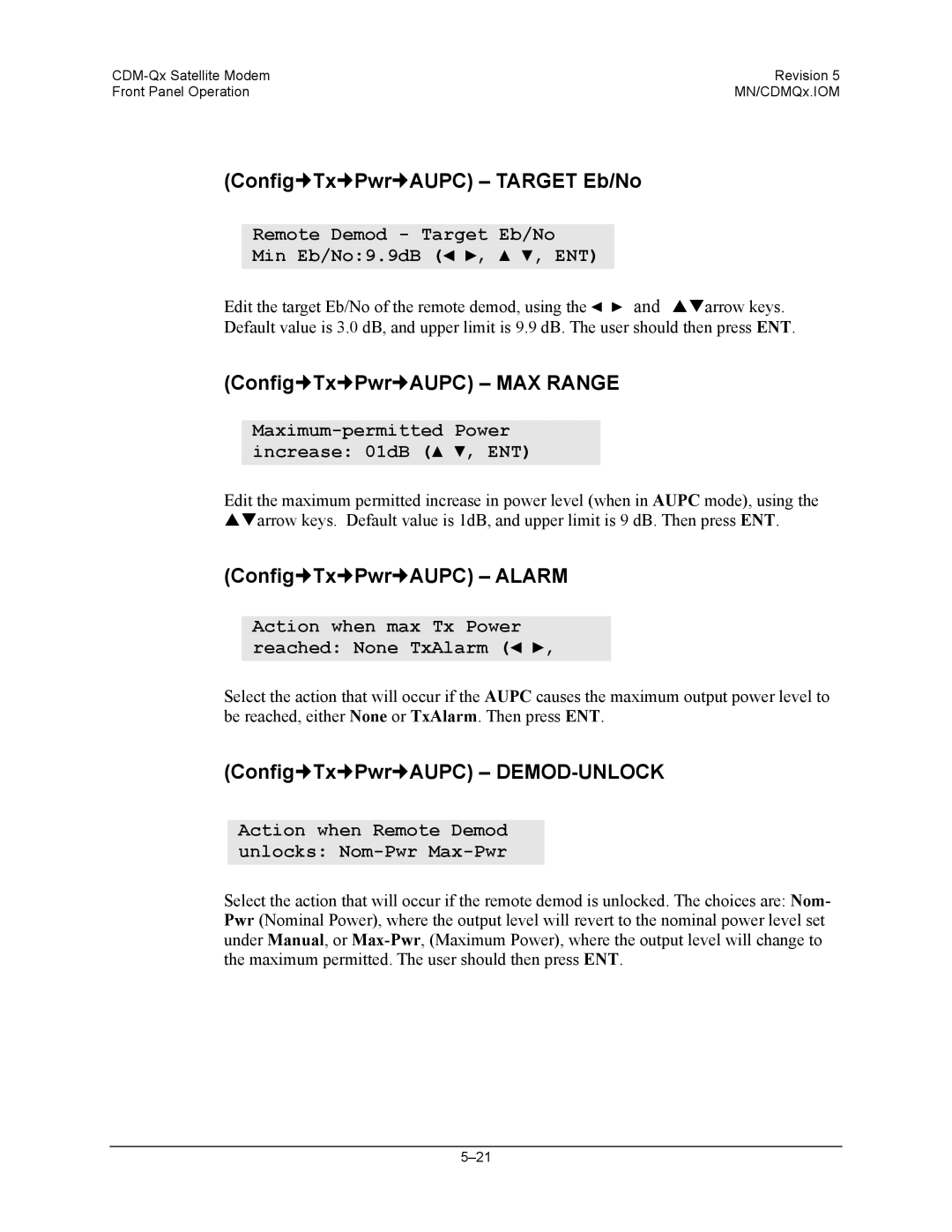 Mocomtech CDM-QX operation manual Config„Tx„Pwr„AUPC Target Eb/No, Config„Tx„Pwr„AUPC MAX Range, Config„Tx„Pwr„AUPC Alarm 