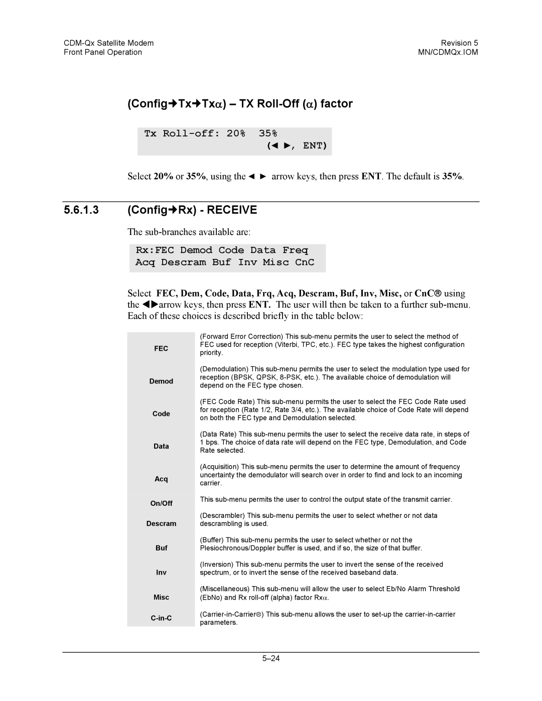 Mocomtech CDM-QX operation manual Config„Tx„Txα TX Roll-Off α factor, Config„Rx Receive, Tx Roll-off 20% 35% ENT 