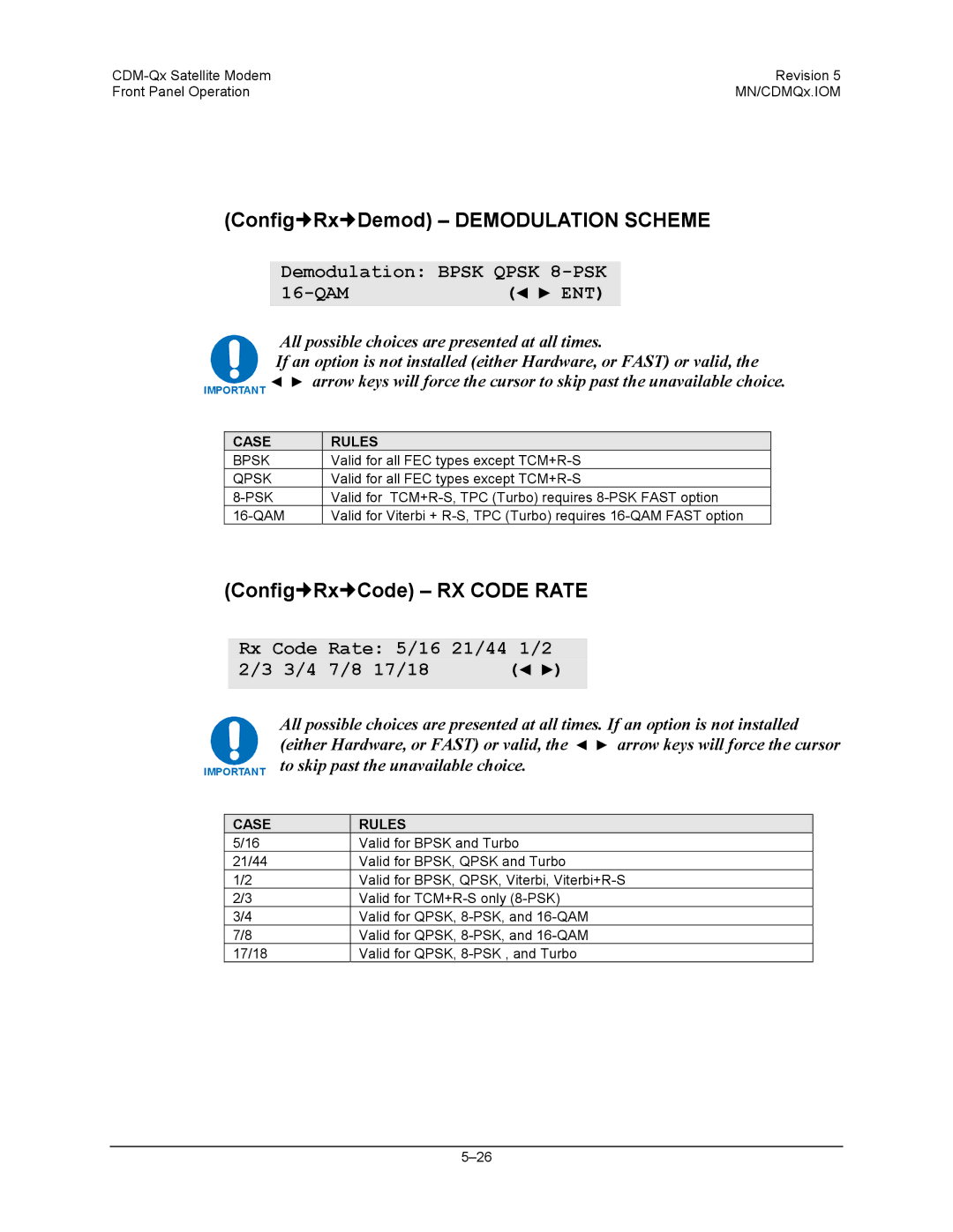 Mocomtech CDM-QX Config„Rx„Demod Demodulation Scheme, Config„Rx„Code RX Code Rate, Demodulation Bpsk Qpsk 8-PSK 16-QAM 