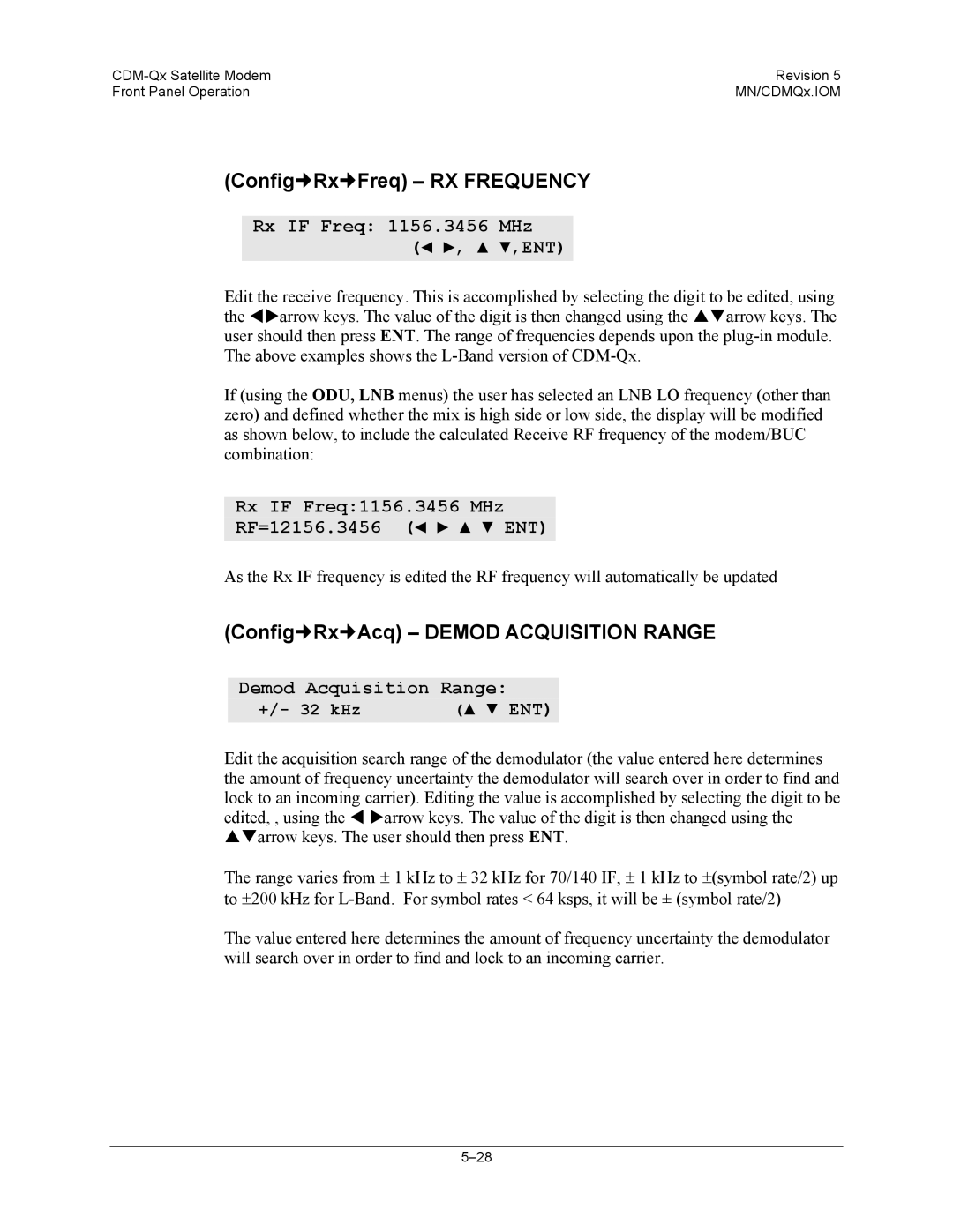 Mocomtech CDM-QX operation manual Config„Rx„Freq RX Frequency, Config„Rx„Acq Demod Acquisition Range 