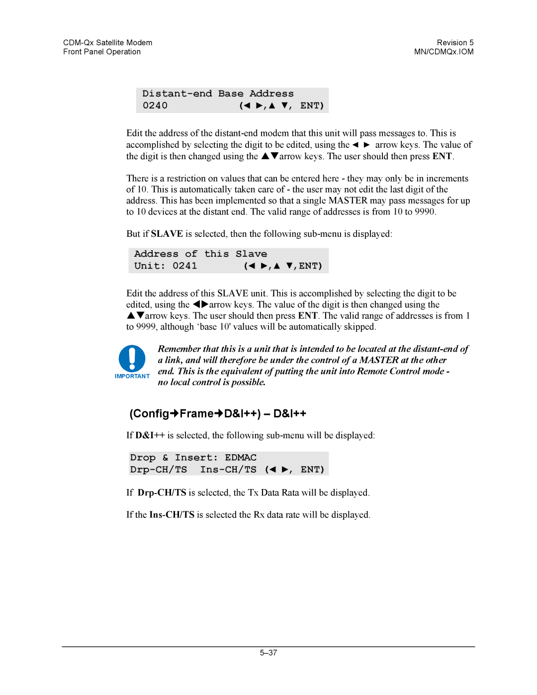 Mocomtech CDM-QX operation manual Config„Frame„D&I++ D&I++, Distant-end Base Address, 0240, Address This Slave Unit ENT 