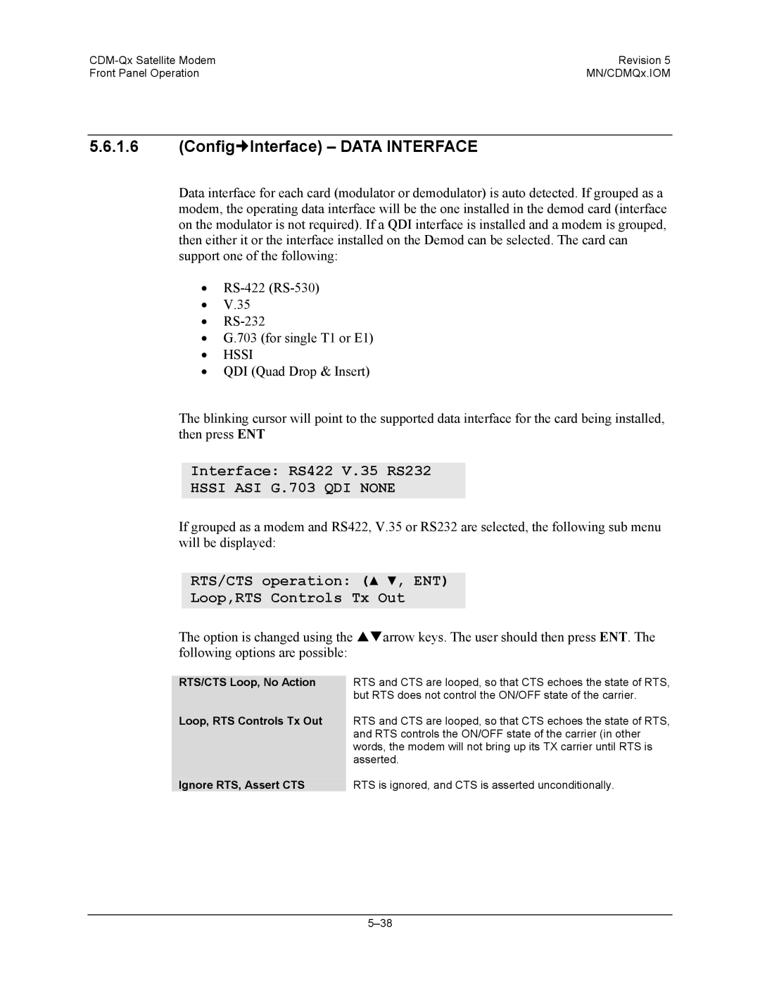 Mocomtech CDM-QX operation manual Config„Interface Data Interface, Interface RS422 V.35 RS232, Hssi ASI G.703 QDI None 