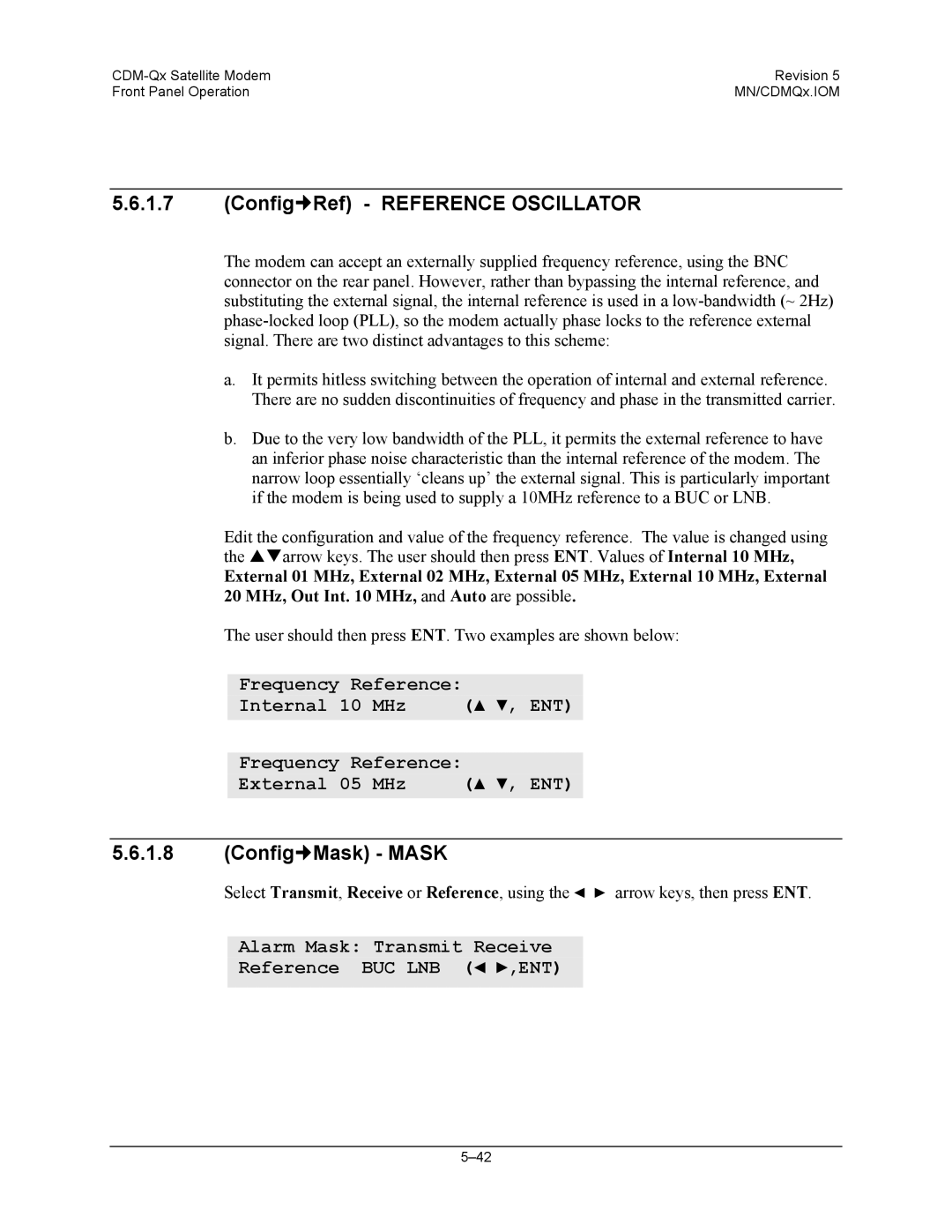 Mocomtech CDM-QX Config„Ref Reference Oscillator, Config„Mask Mask, Frequency Reference Internal MHz ENT, External MHz 