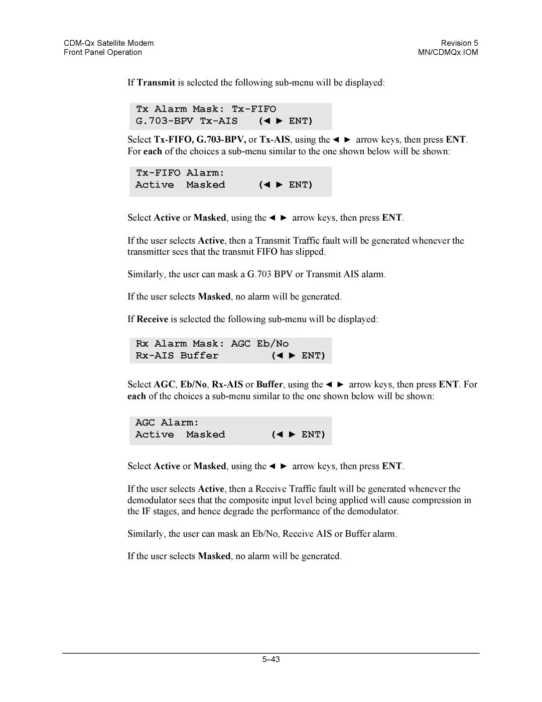 Mocomtech CDM-QX operation manual Tx Alarm Mask Tx-FIFO BPV Tx-AIS ENT, Tx-FIFO Alarm ENT Active Masked, AGC Alarm 