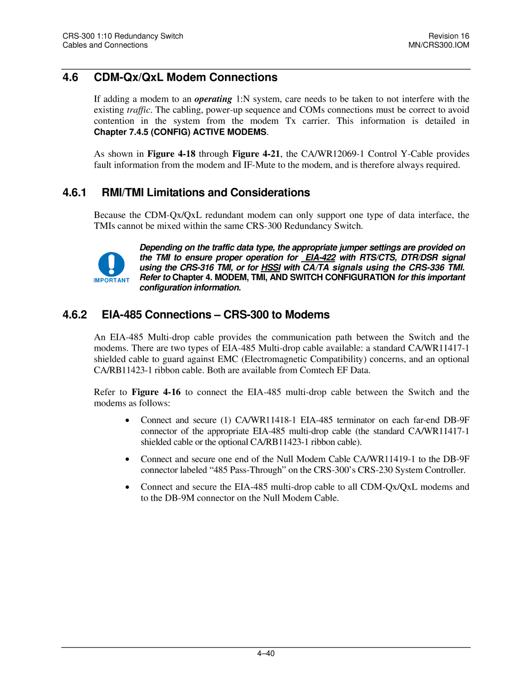 Mocomtech operation manual CDM-Qx/QxL Modem Connections, EIA-485 Connections CRS-300 to Modems 