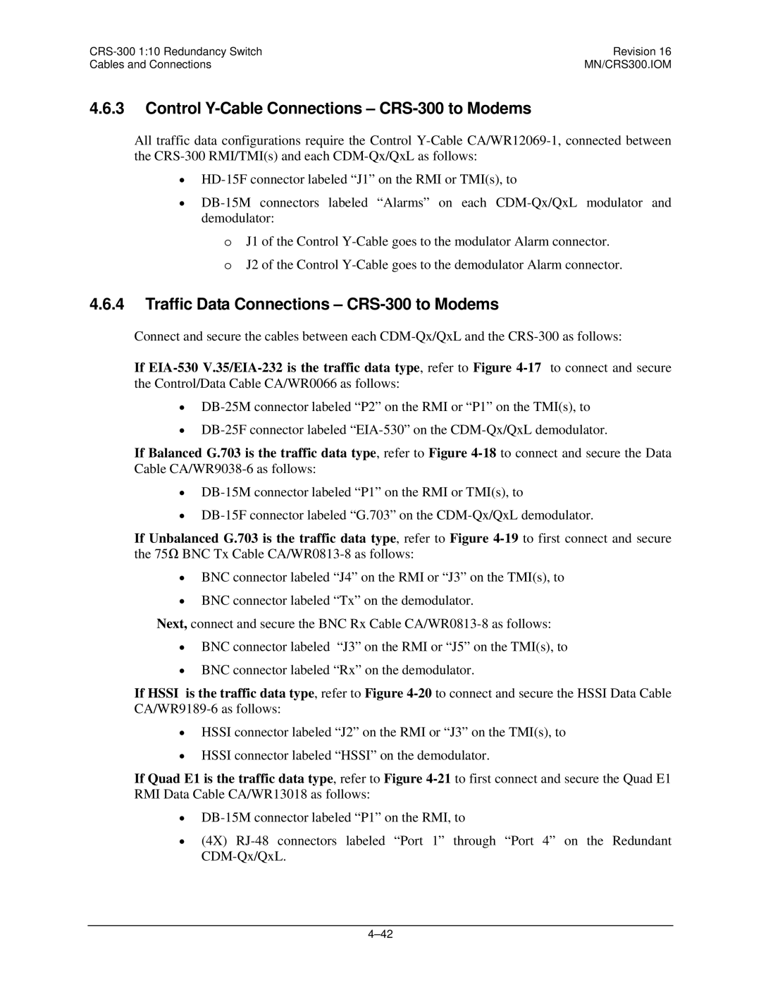 Mocomtech operation manual Control Y-Cable Connections CRS-300 to Modems, Traffic Data Connections CRS-300 to Modems 