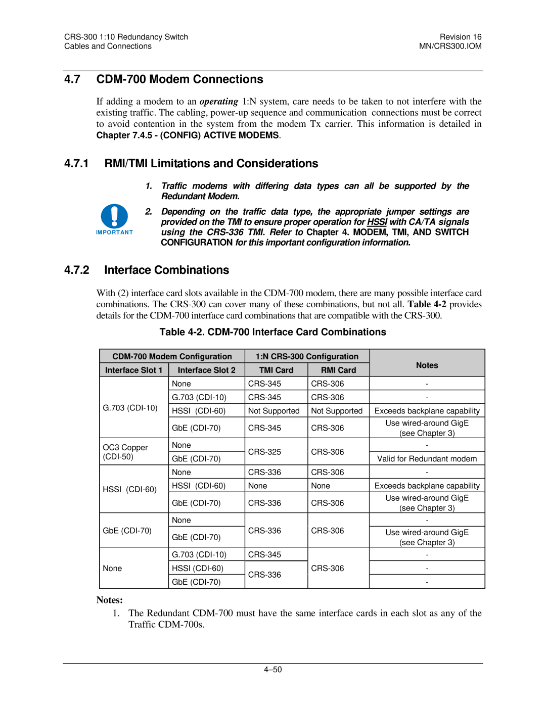 Mocomtech CRS-300 operation manual CDM-700 Modem Connections, Interface Combinations, CDM-700 Interface Card Combinations 