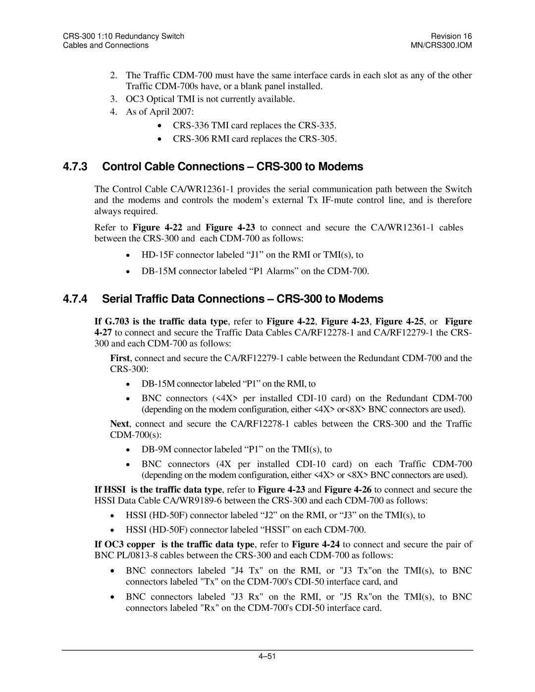 Mocomtech Control Cable Connections CRS-300 to Modems, Serial Traffic Data Connections CRS-300 to Modems 