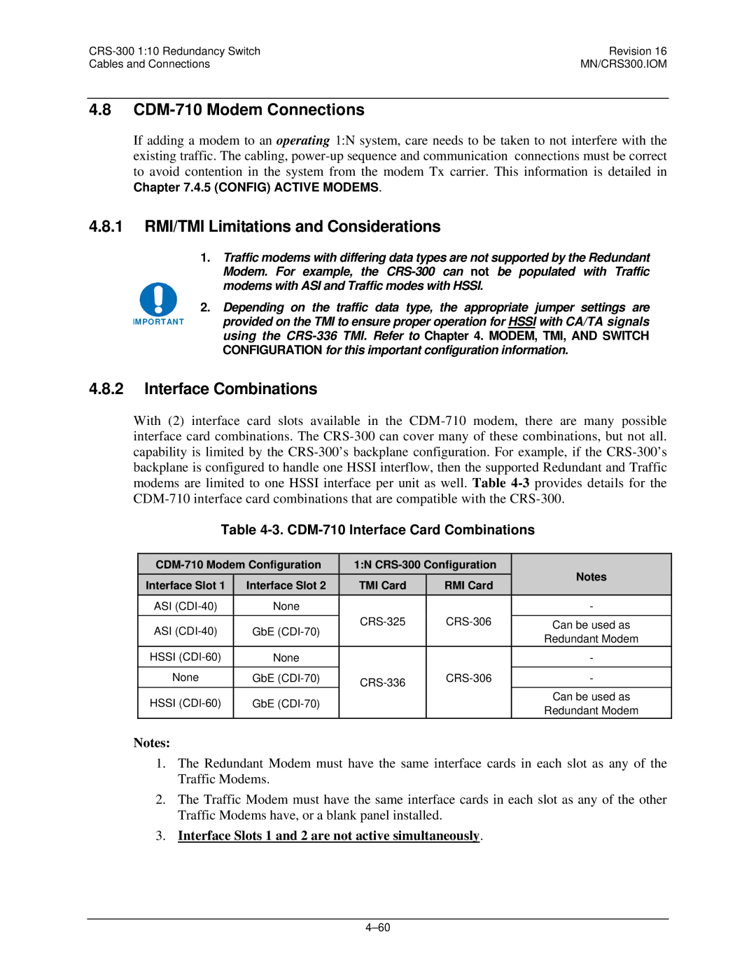 Mocomtech CRS-300 operation manual CDM-710 Modem Connections, CDM-710 Interface Card Combinations 