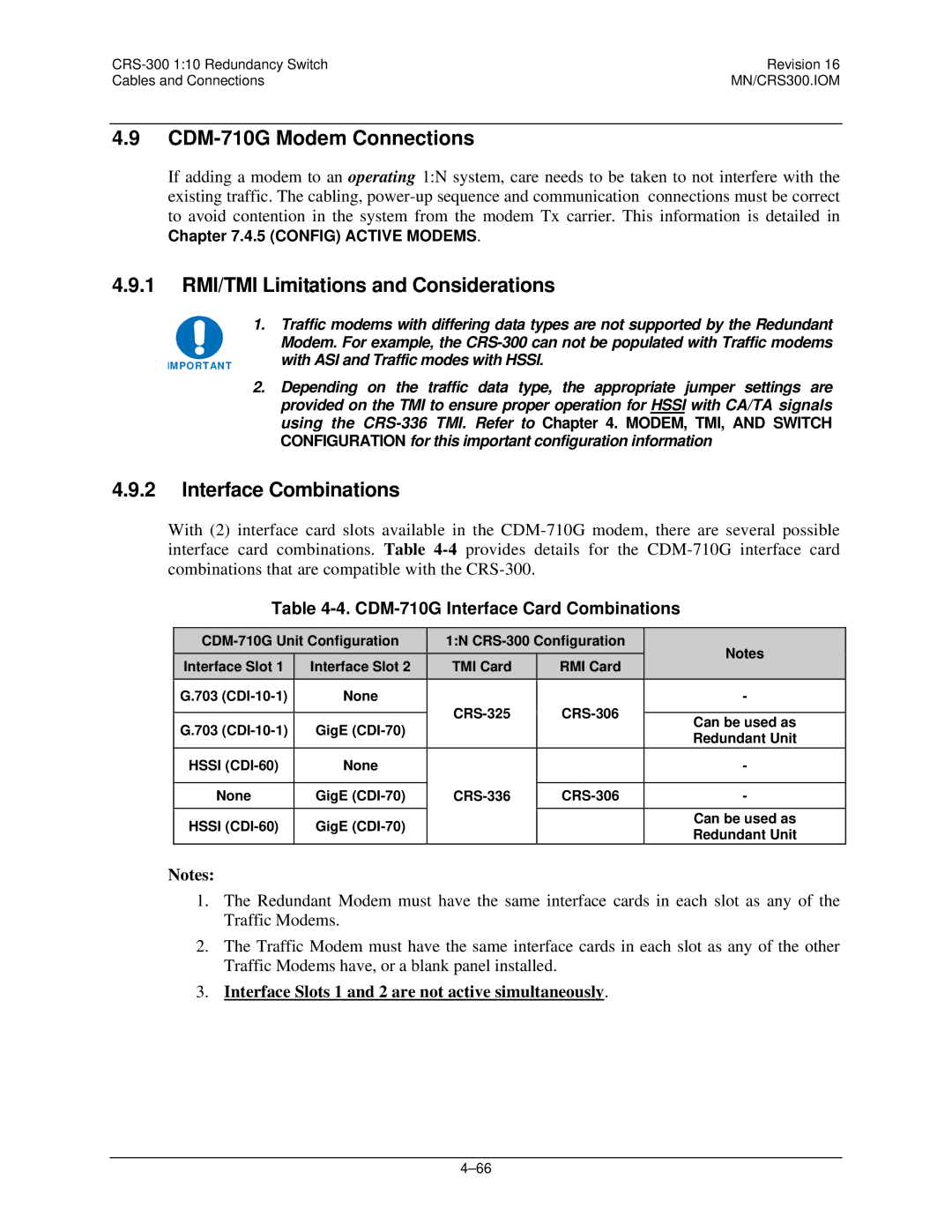 Mocomtech CRS-300 operation manual CDM-710G Modem Connections, CDM-710G Interface Card Combinations 