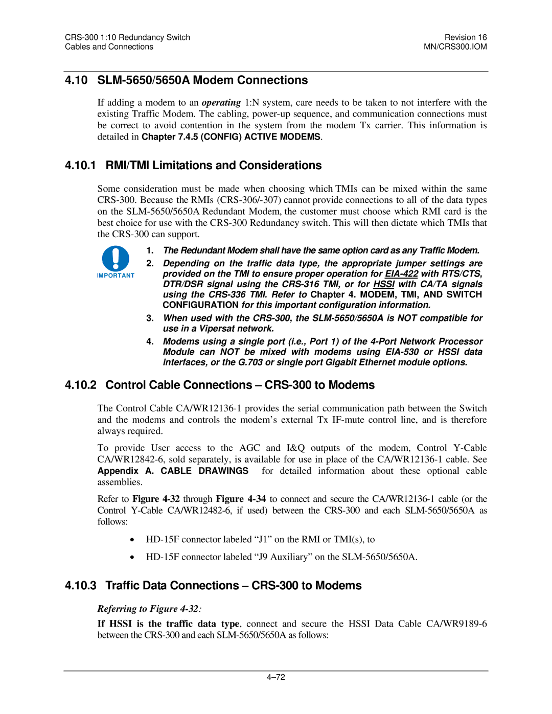 Mocomtech CRS-300 operation manual SLM-5650/5650A Modem Connections, 10.1 RMI/TMI Limitations and Considerations 