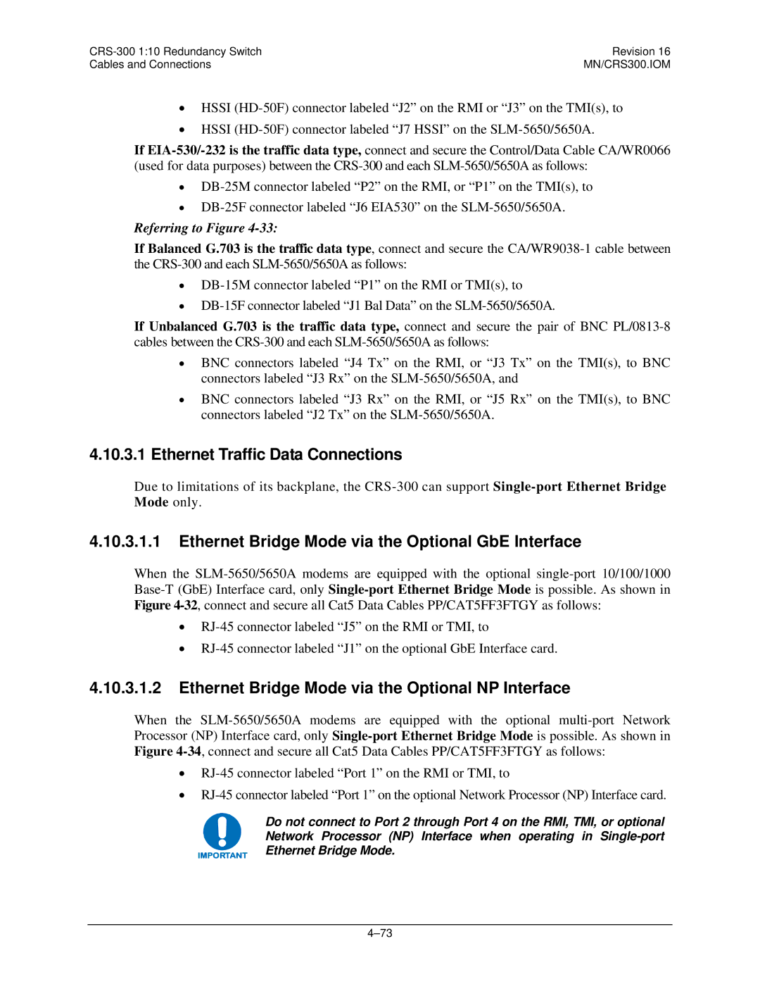 Mocomtech CRS-300 operation manual Ethernet Traffic Data Connections, Ethernet Bridge Mode via the Optional GbE Interface 