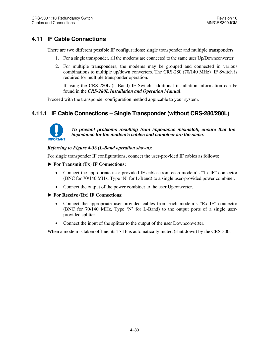 Mocomtech CRS-300 operation manual If Cable Connections Single Transponder without CRS-280/280L 