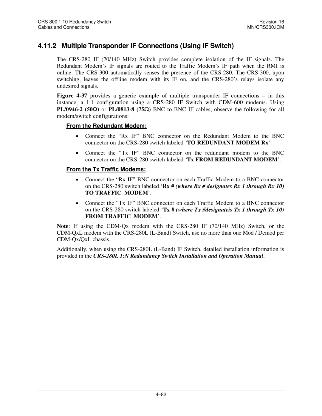 Mocomtech CRS-300 operation manual Multiple Transponder if Connections Using if Switch, From the Redundant Modem 