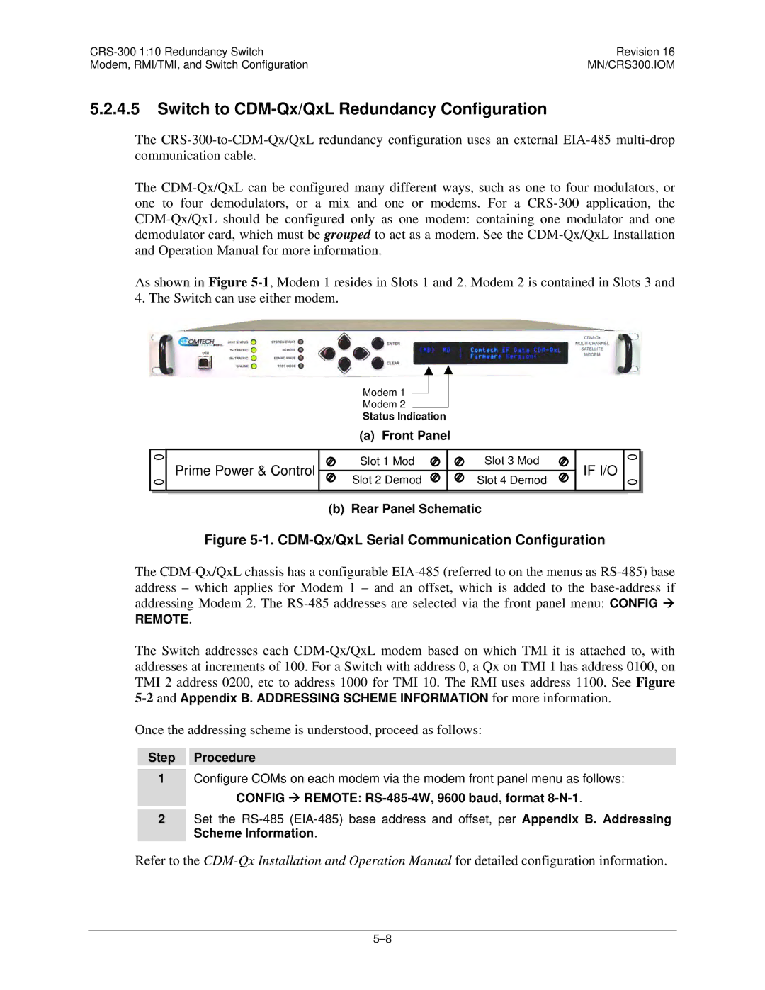 Mocomtech CRS-300 Switch to CDM-Qx/QxL Redundancy Configuration, CDM-Qx/QxL Serial Communication Configuration 