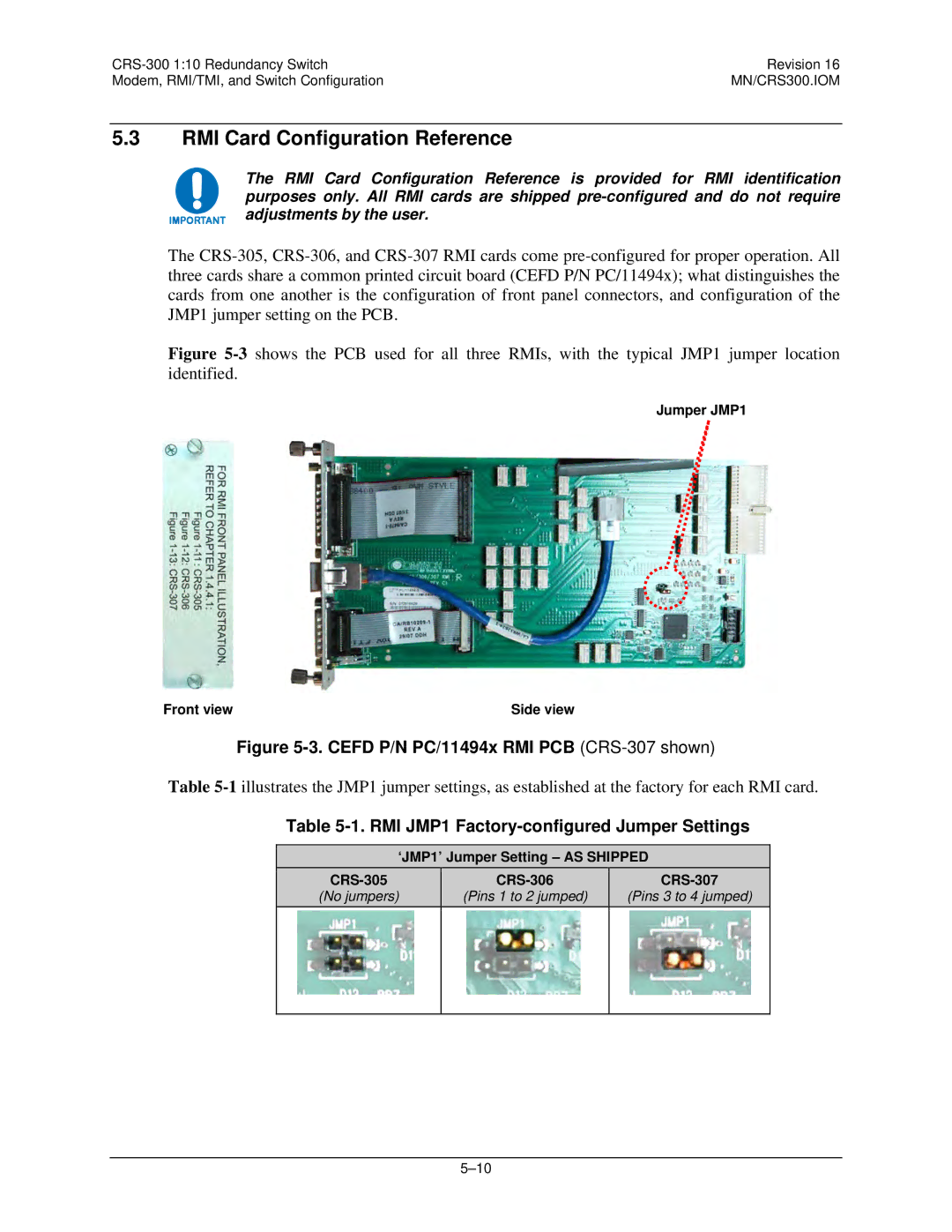 Mocomtech CRS-300 operation manual RMI Card Configuration Reference, RMI JMP1 Factory-configured Jumper Settings, CRS-307 