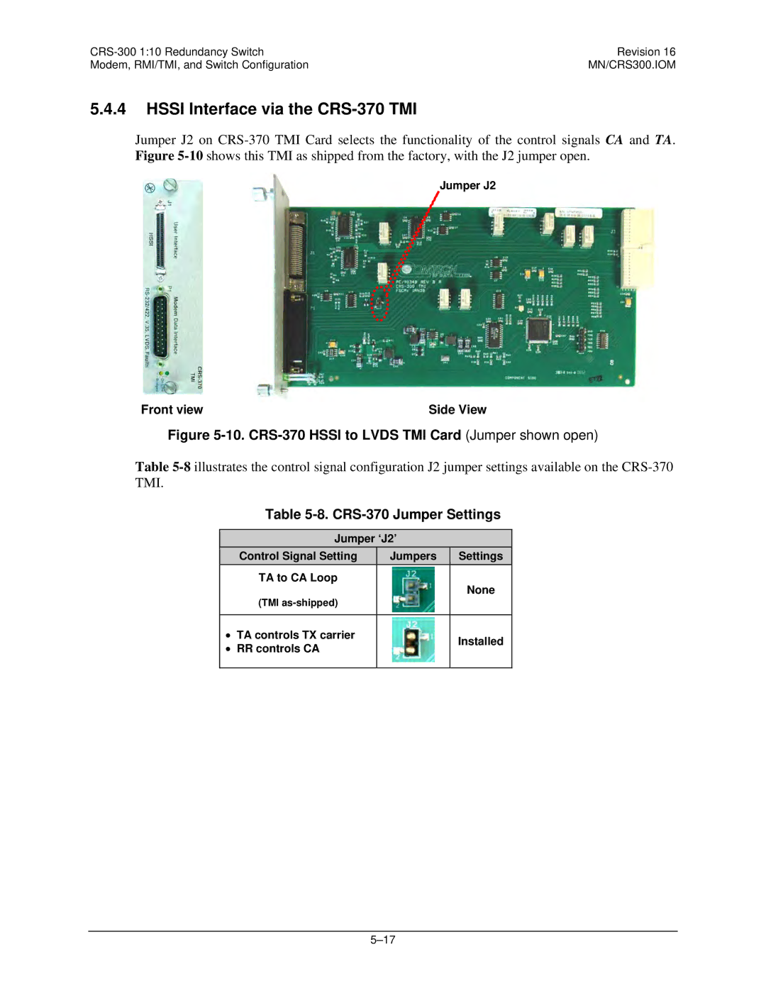 Mocomtech CRS-300 operation manual Hssi Interface via the CRS-370 TMI, CRS-370 Jumper Settings, Jumper J2 