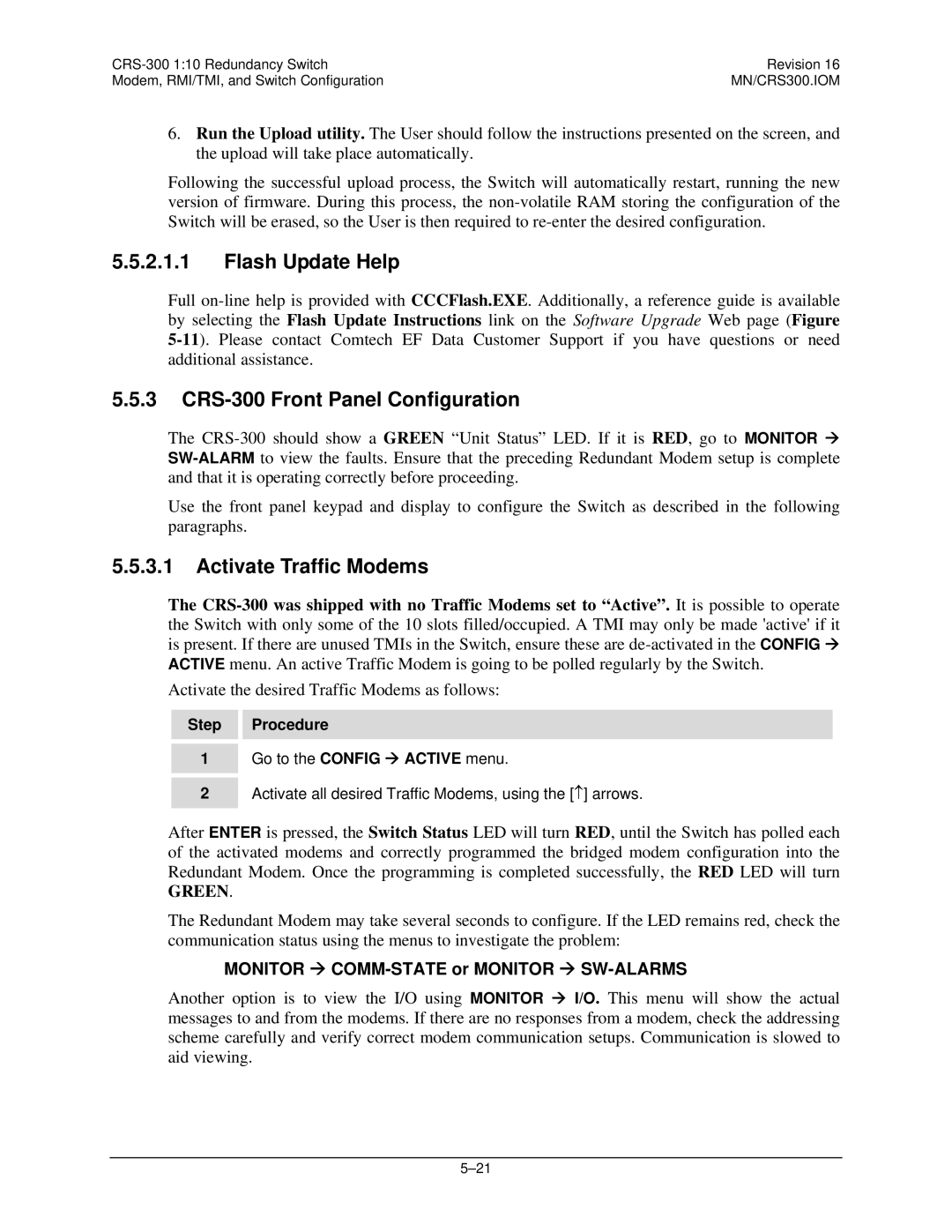 Mocomtech operation manual Flash Update Help, CRS-300 Front Panel Configuration, Activate Traffic Modems 