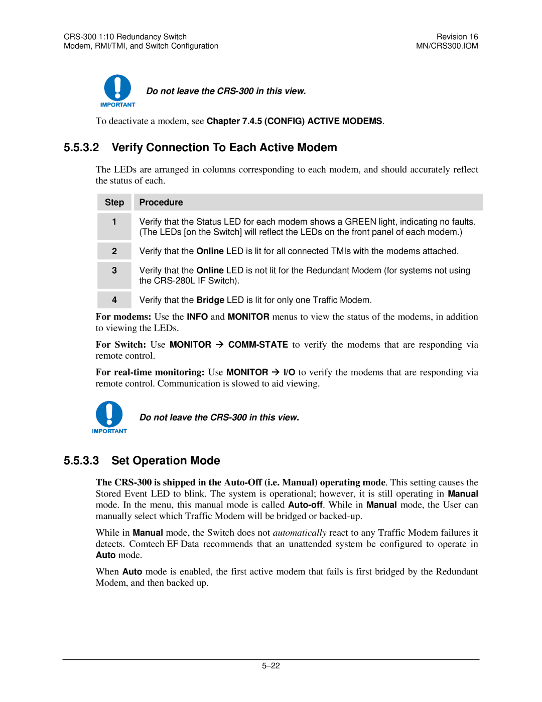 Mocomtech CRS-300 operation manual Verify Connection To Each Active Modem, Set Operation Mode 