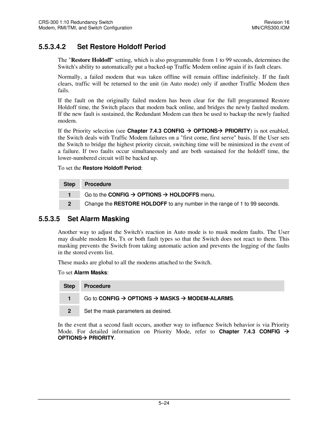 Mocomtech CRS-300 operation manual Set Restore Holdoff Period, Set Alarm Masking 