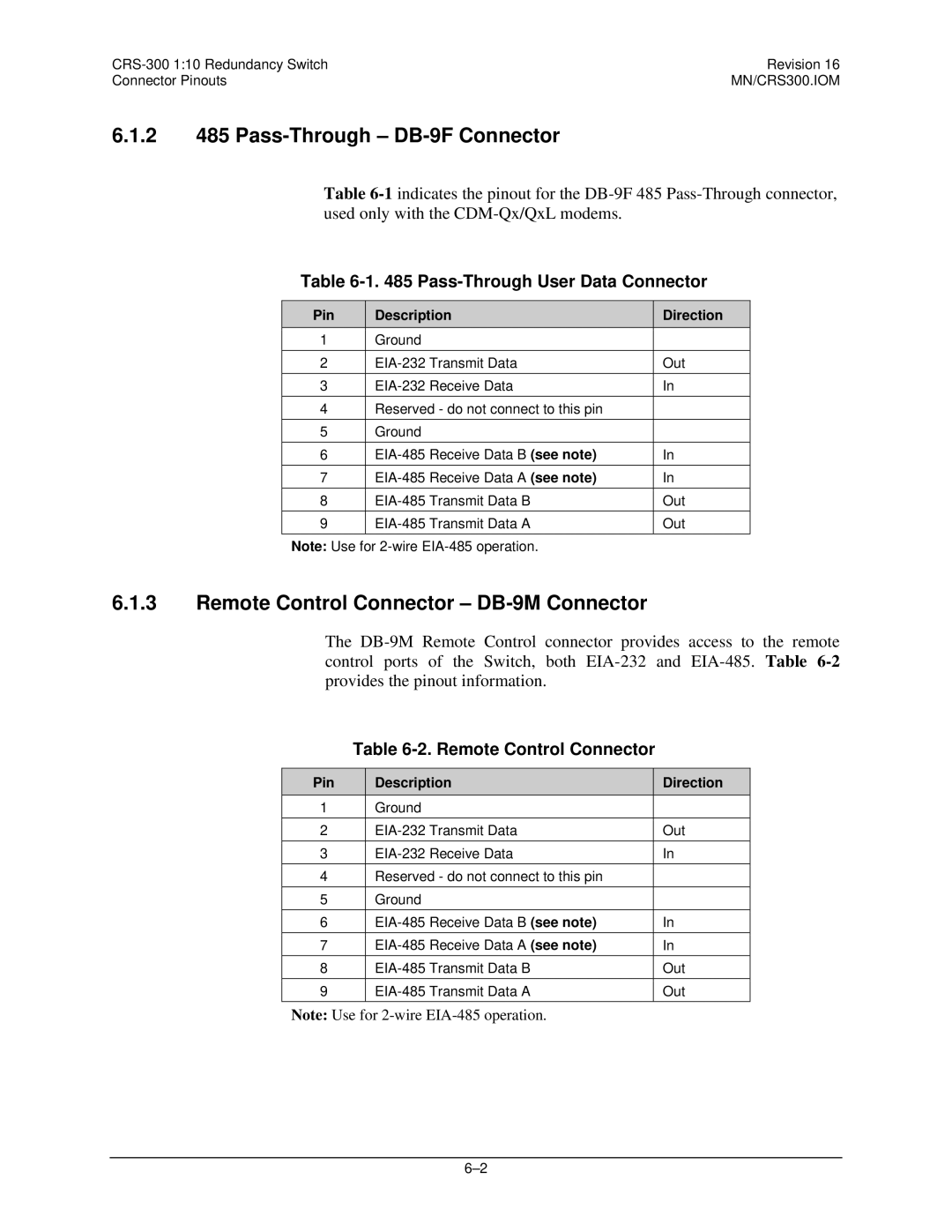 Mocomtech CRS-300 2 485 Pass-Through DB-9F Connector, Remote Control Connector DB-9M Connector, Pin Description Direction 