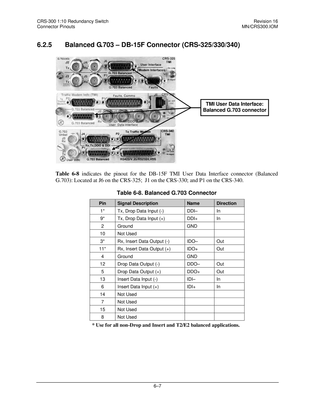 Mocomtech CRS-300 operation manual Balanced G.703 DB-15F Connector CRS-325/330/340, Balanced G.703 Connector 