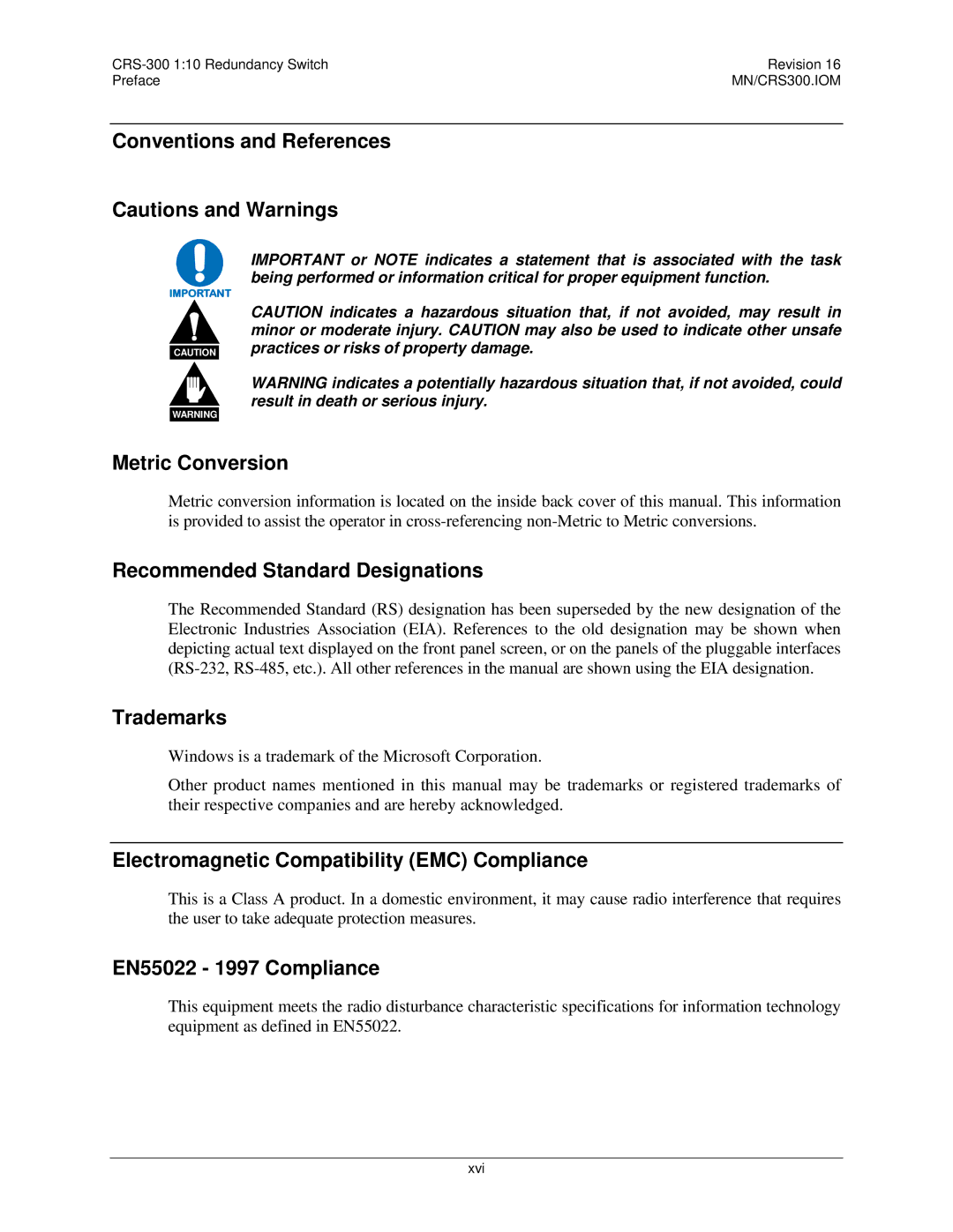 Mocomtech CRS-300 Conventions and References, Metric Conversion, Recommended Standard Designations, Trademarks 