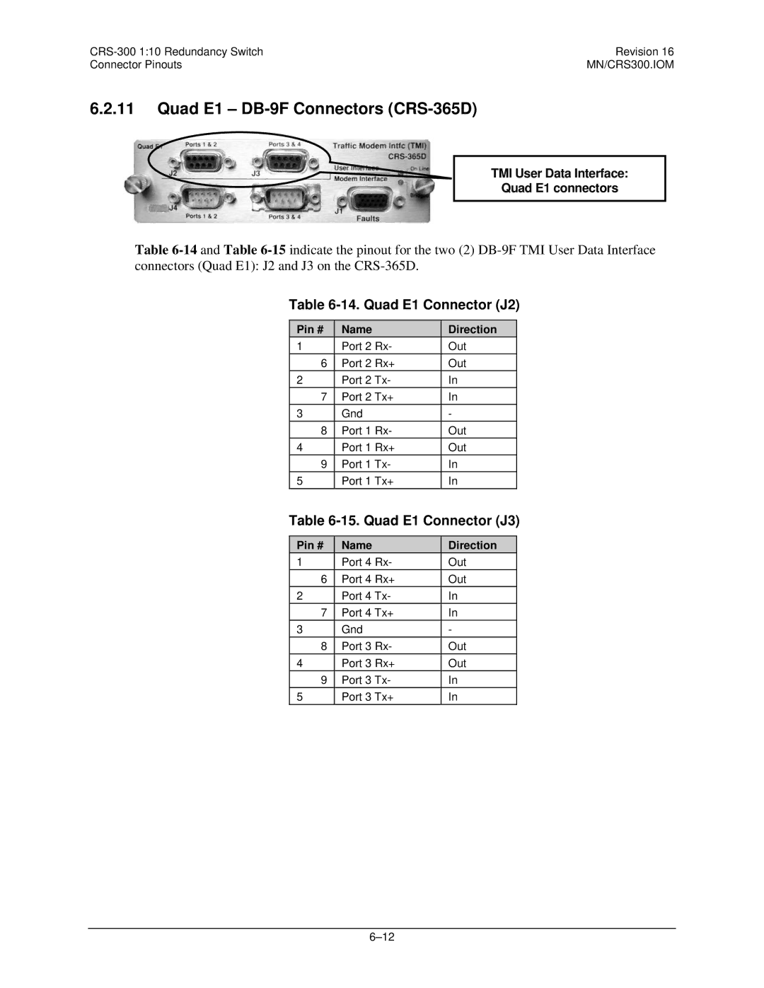 Mocomtech CRS-300 operation manual Quad E1 DB-9F Connectors CRS-365D, Quad E1 Connector J2, Quad E1 Connector J3 