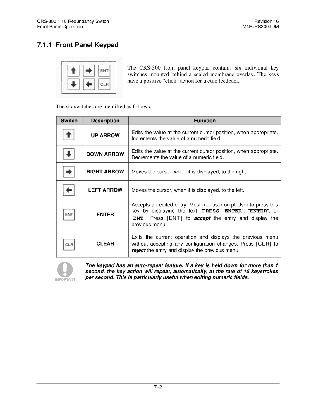 Mocomtech CRS-300 operation manual Front Panel Keypad, UP Arrow 