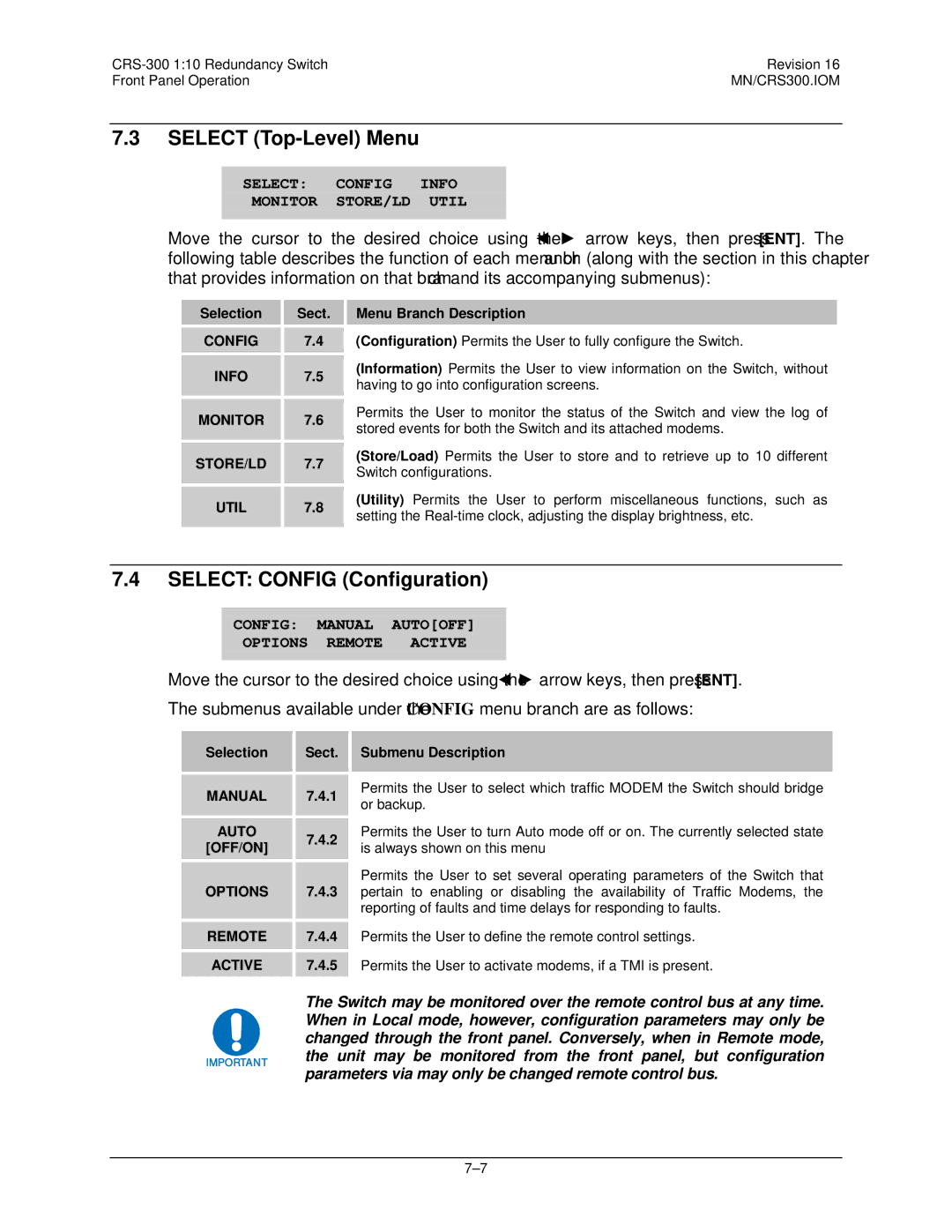 Mocomtech CRS-300 Select Top-Level Menu, Select Config Configuration, Selection, Sect Menu Branch Description 