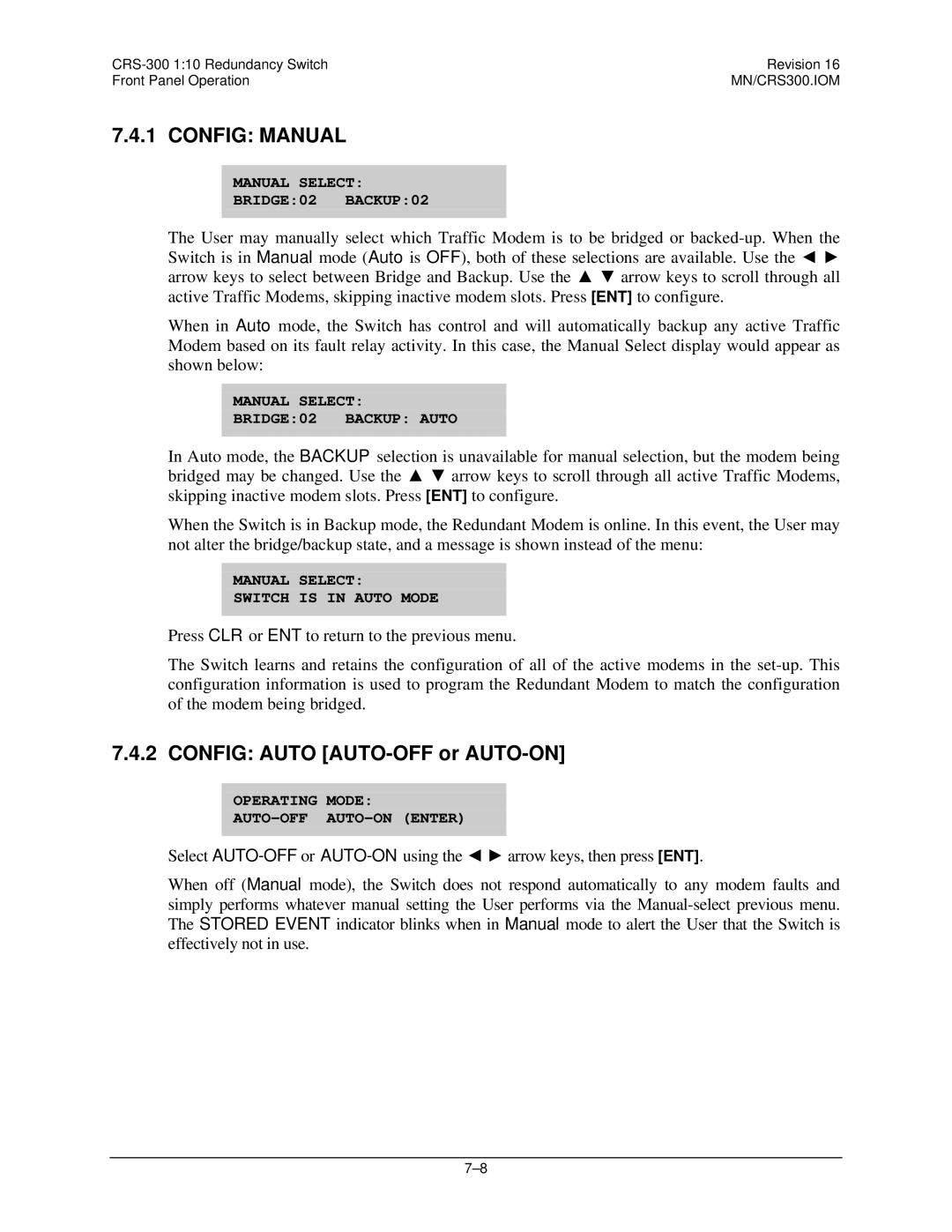 Mocomtech CRS-300 operation manual Config Manual, Config Auto AUTO-OFF or AUTO-ON 