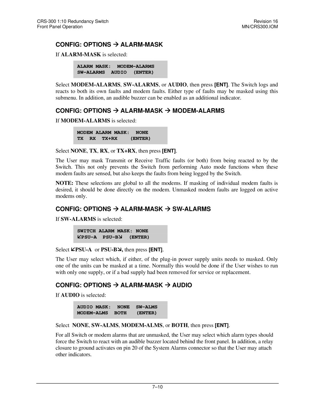 Mocomtech CRS-300 operation manual Config Options Æ ALARM-MASK 