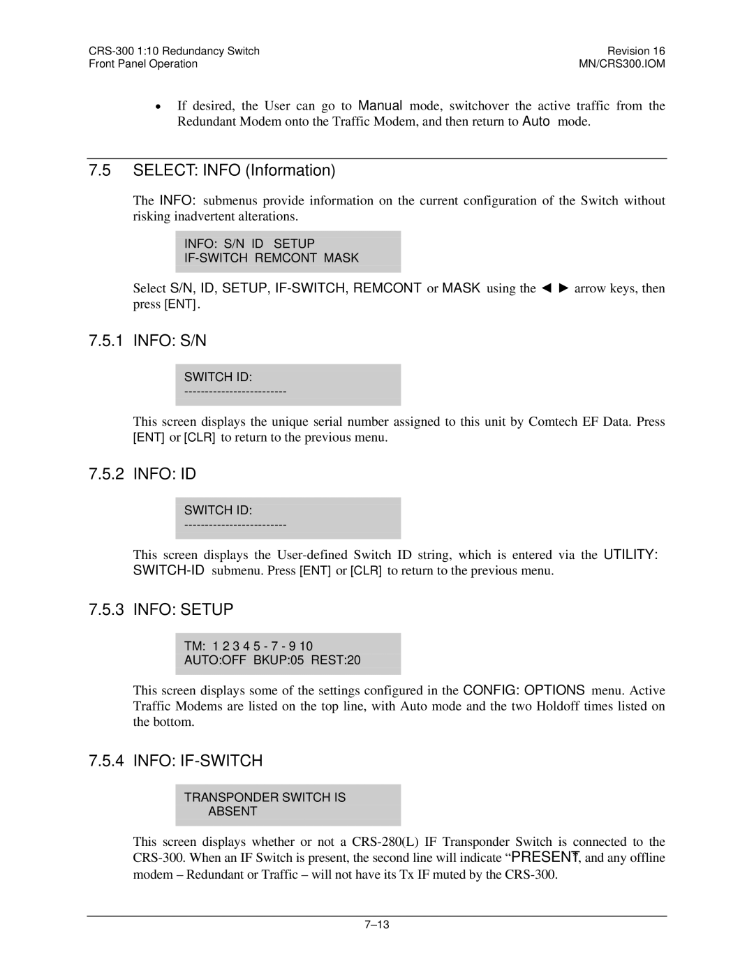 Mocomtech CRS-300 operation manual Select Info Information, Info S/N, Info ID 