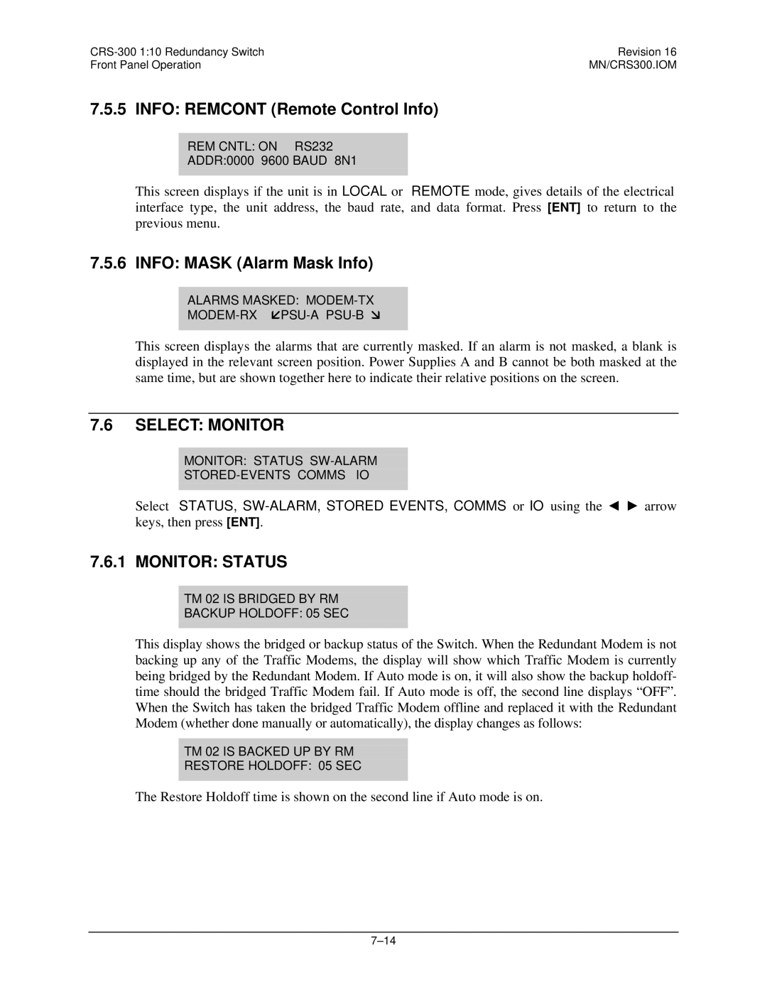 Mocomtech CRS-300 operation manual Info Remcont Remote Control Info, Info Mask Alarm Mask Info 