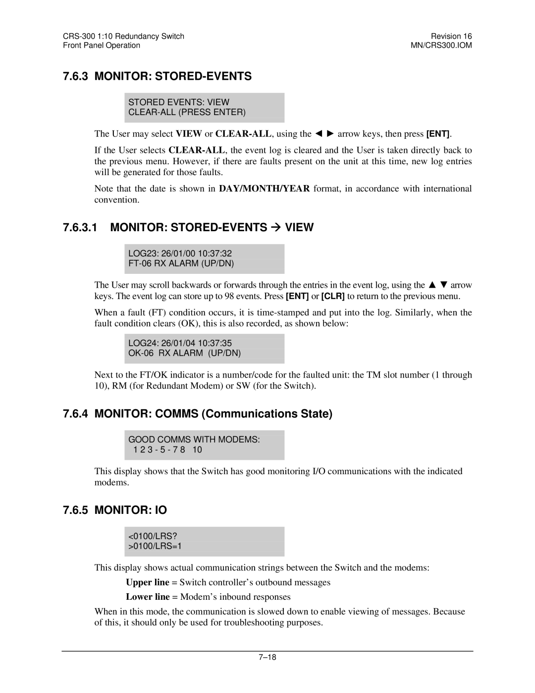 Mocomtech CRS-300 operation manual Monitor STORED-EVENTS, Monitor Comms Communications State 