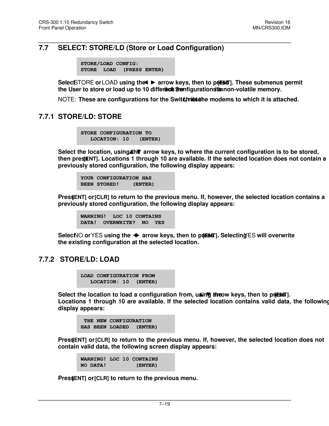 Mocomtech CRS-300 operation manual Select STORE/LD Store or Load Configuration 