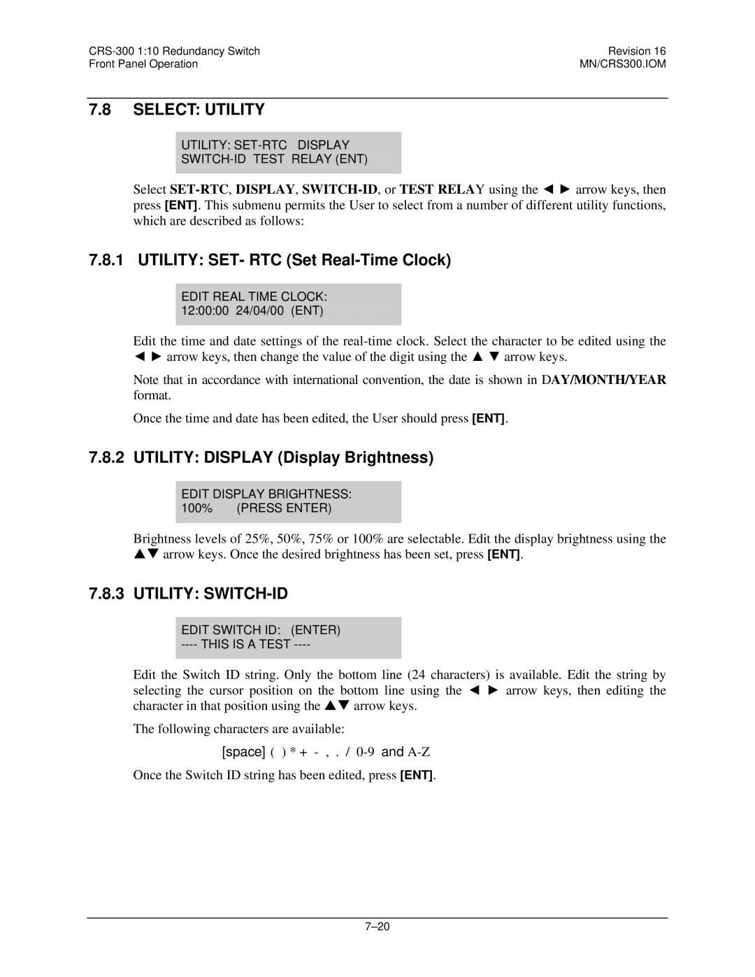 Mocomtech CRS-300 operation manual Utility SET- RTC Set Real-Time Clock, Utility Display Display Brightness 