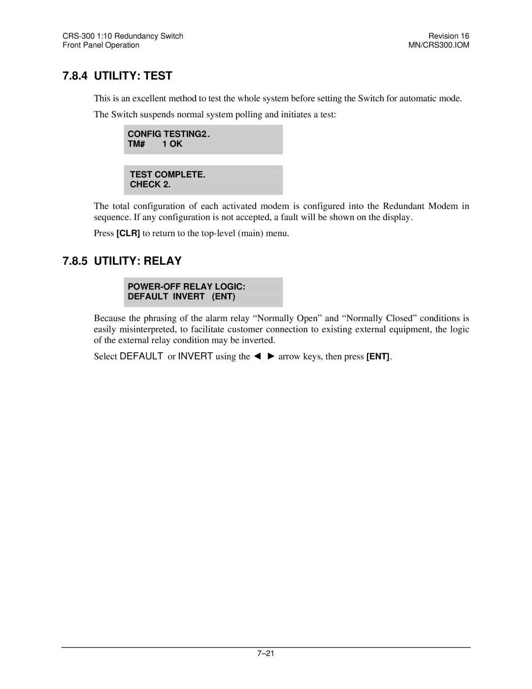 Mocomtech CRS-300 operation manual Utility Test 