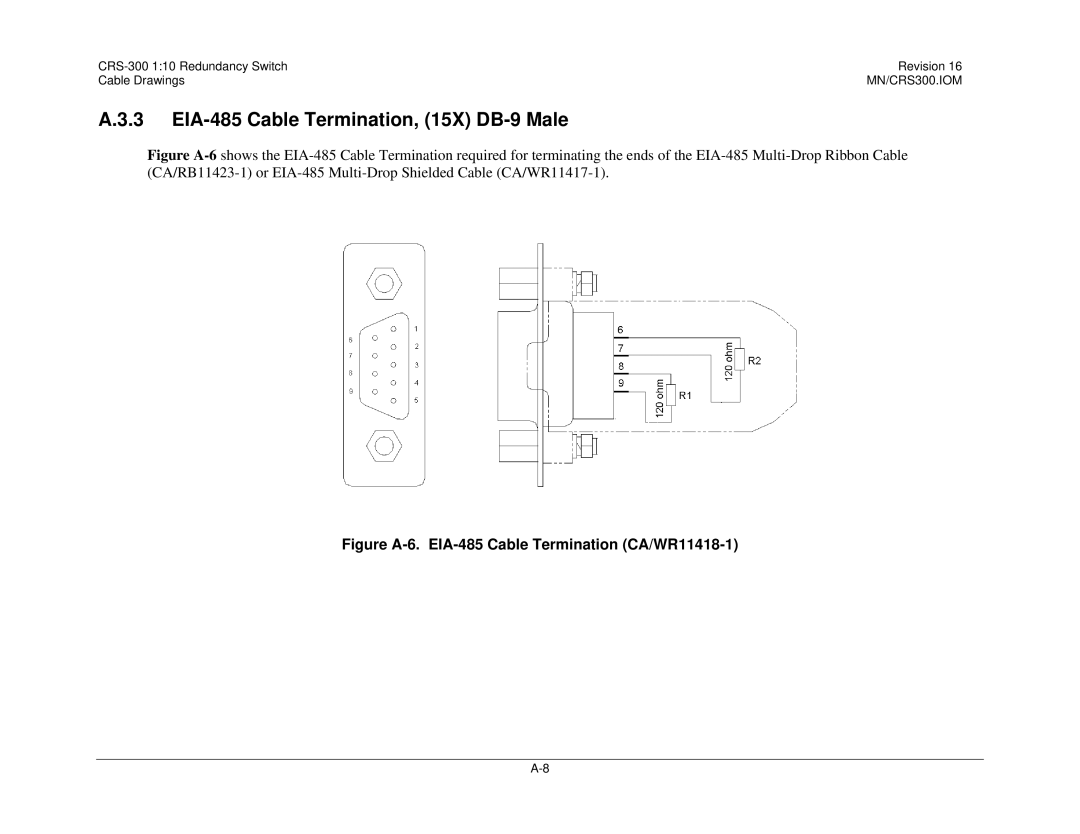 Mocomtech CRS-300 EIA-485 Cable Termination, 15X DB-9 Male, Figure A-6. EIA-485 Cable Termination CA/WR11418-1 