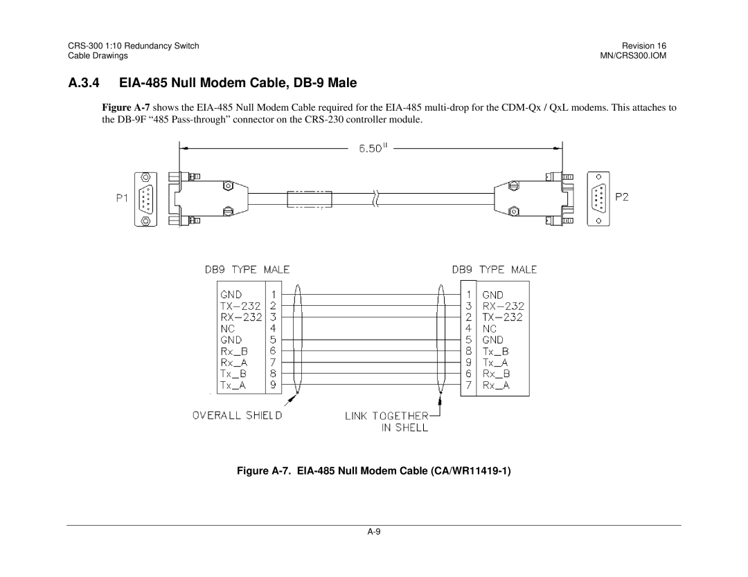 Mocomtech CRS-300 operation manual EIA-485 Null Modem Cable, DB-9 Male, Figure A-7. EIA-485 Null Modem Cable CA/WR11419-1 