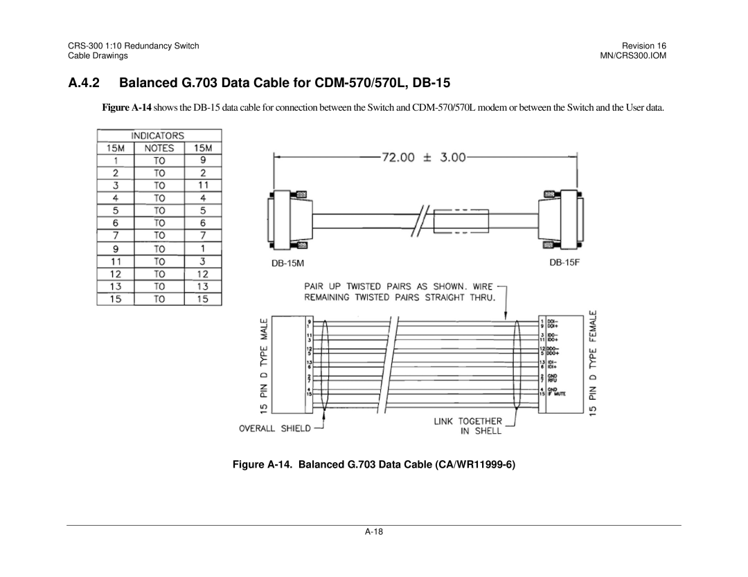 Mocomtech CRS-300 Balanced G.703 Data Cable for CDM-570/570L, DB-15, Figure A-14. Balanced G.703 Data Cable CA/WR11999-6 