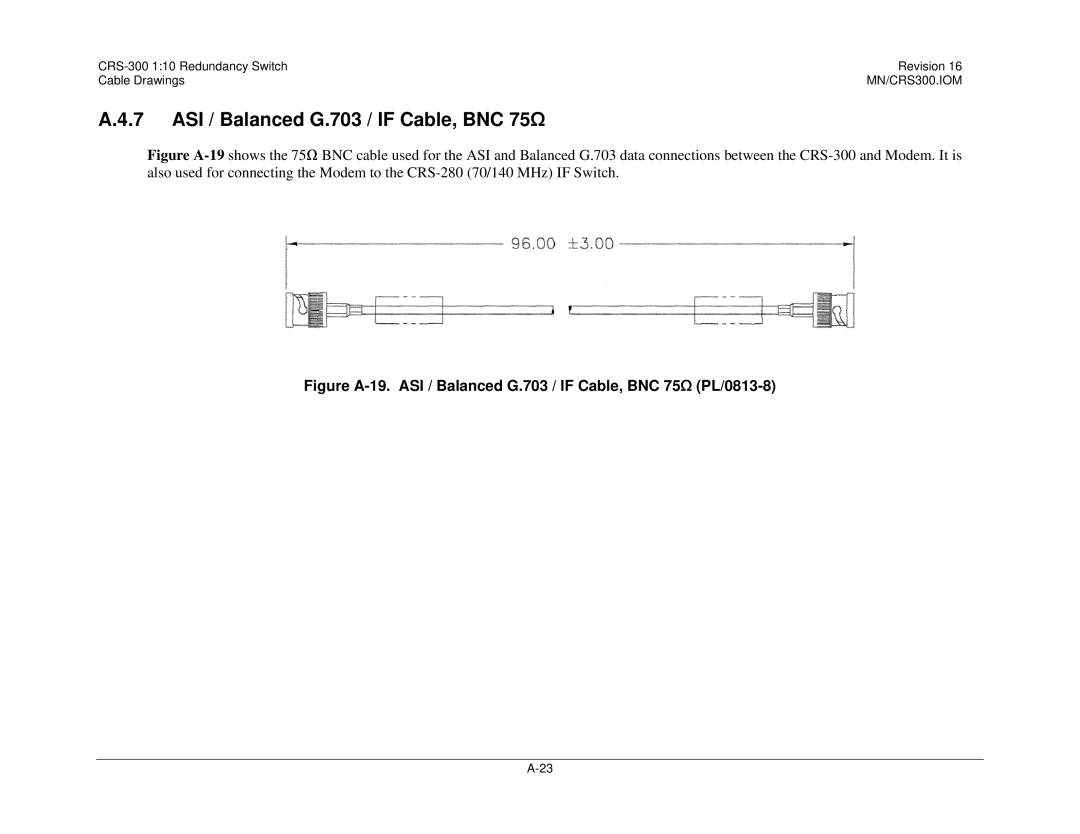 Mocomtech CRS-300 operation manual ASI / Balanced G.703 / if Cable, BNC 75Ω 