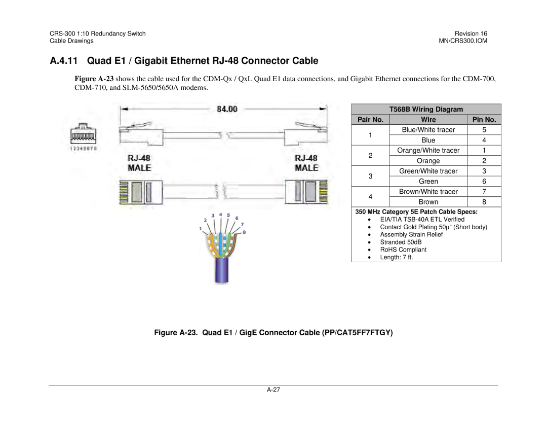 Mocomtech CRS-300 operation manual Quad E1 / Gigabit Ethernet RJ-48 Connector Cable, MHz Category 5E Patch Cable Specs 