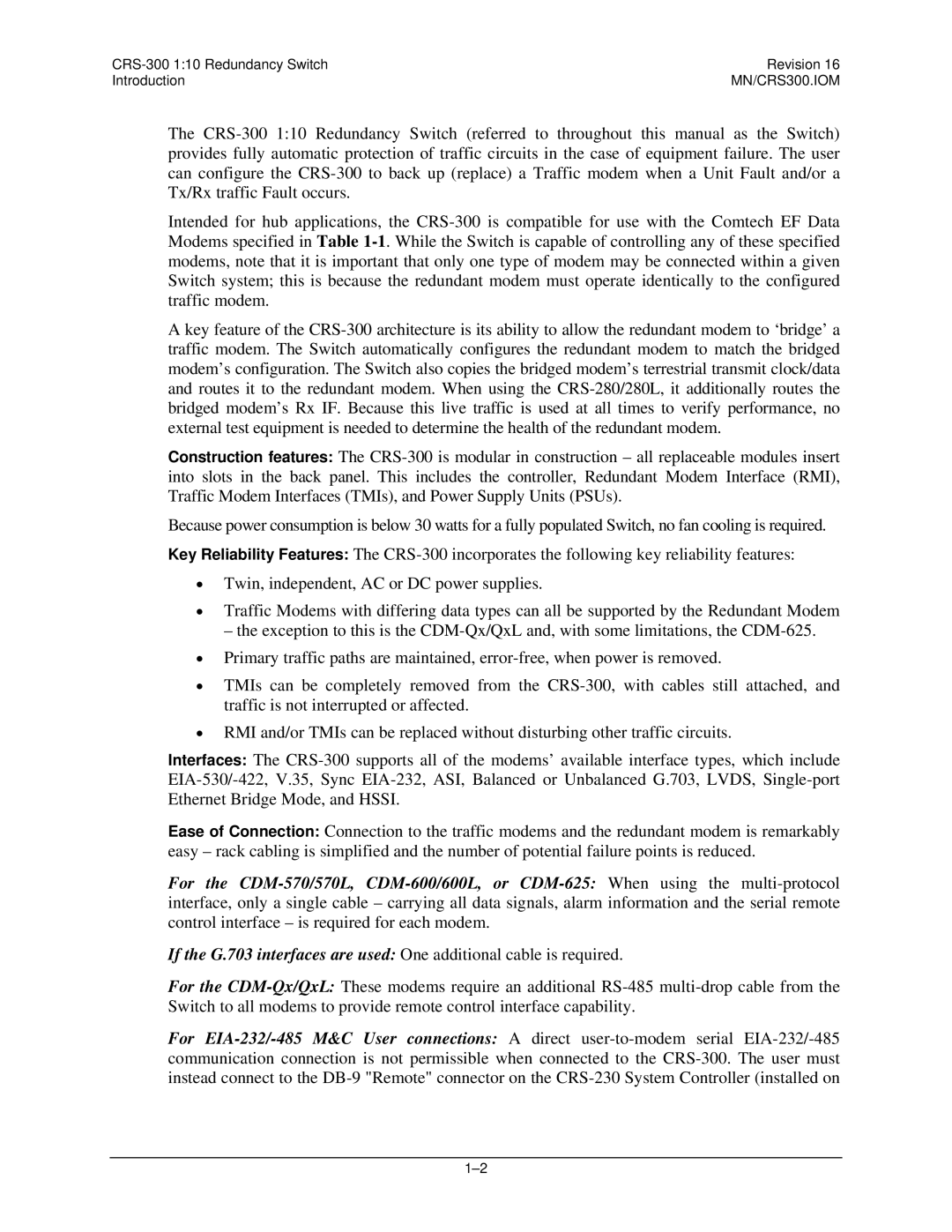 Mocomtech operation manual CRS-300 110 Redundancy Switch Revision Introduction 