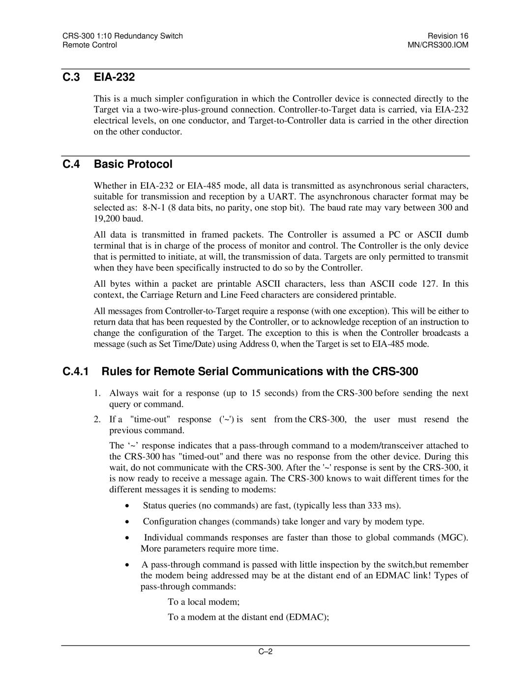 Mocomtech operation manual EIA-232, Basic Protocol, Rules for Remote Serial Communications with the CRS-300 