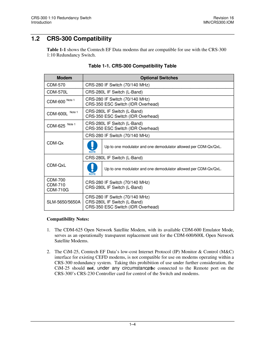 Mocomtech operation manual CRS-300 Compatibility Table 