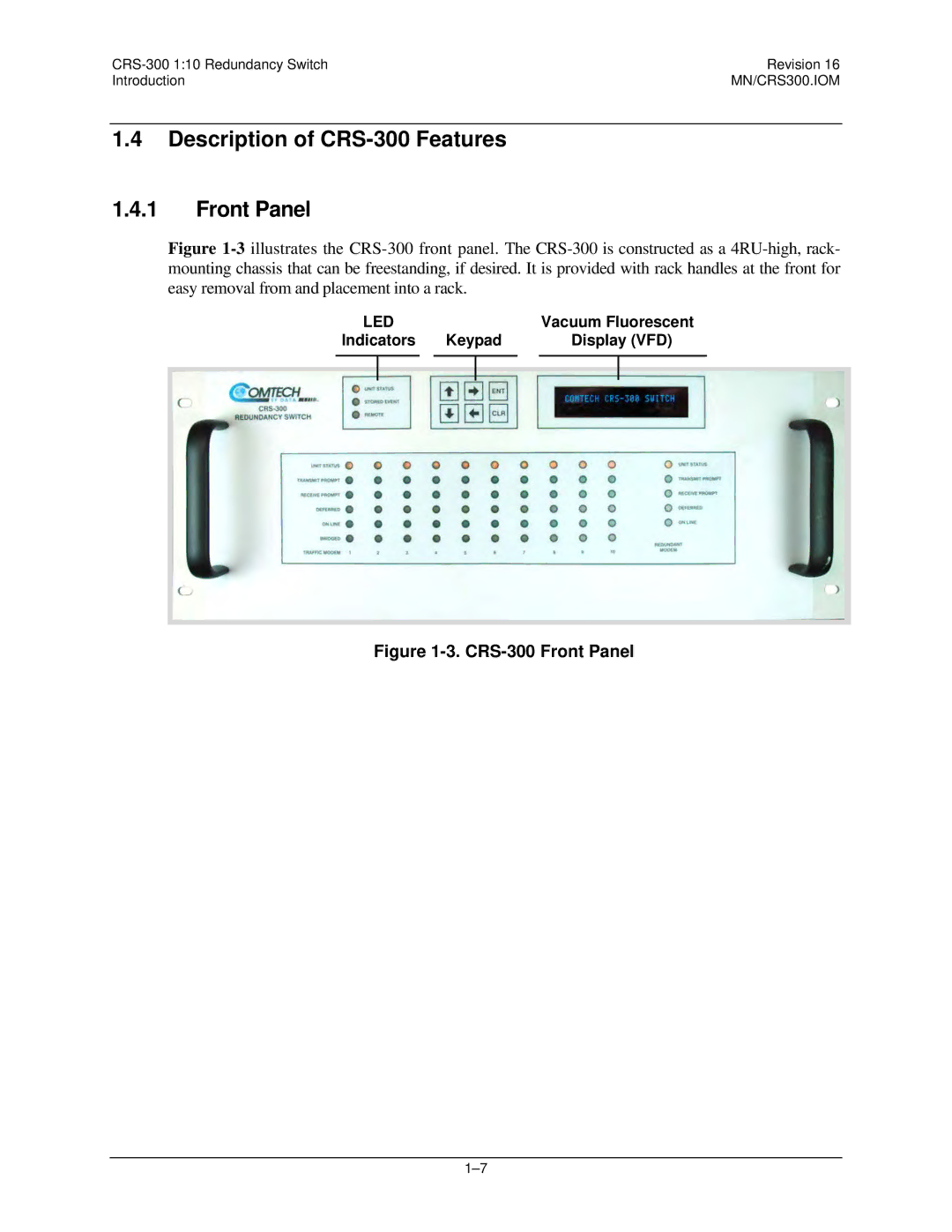 Mocomtech operation manual Description of CRS-300 Features Front Panel, CRS-300 Front Panel 