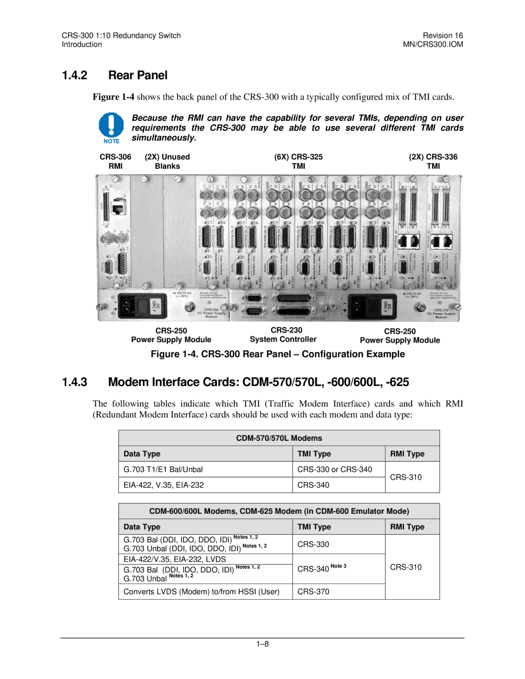 Mocomtech CRS-300 operation manual Rear Panel, Modem Interface Cards CDM-570/570L, -600/600L 