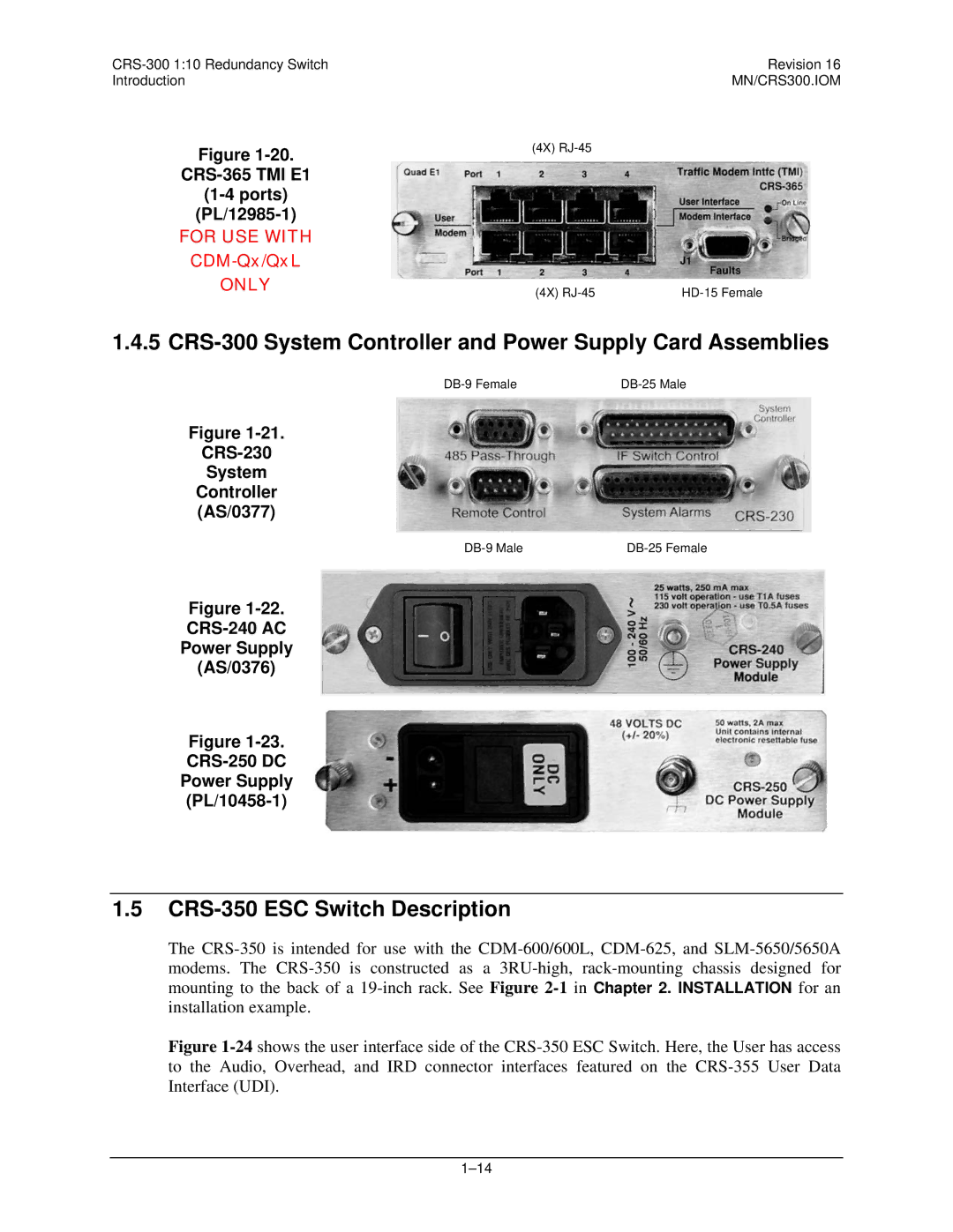 Mocomtech CRS-300 operation manual CRS-350 ESC Switch Description, PL/12985-1, CRS-230 System Controller AS/0377 