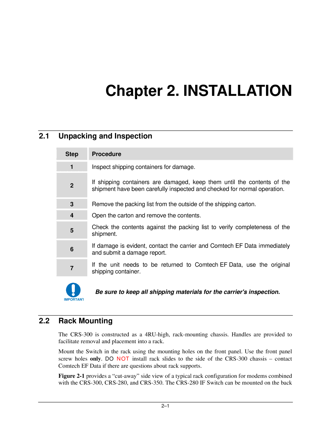 Mocomtech CRS-300 operation manual Unpacking and Inspection, Rack Mounting, Step Procedure 